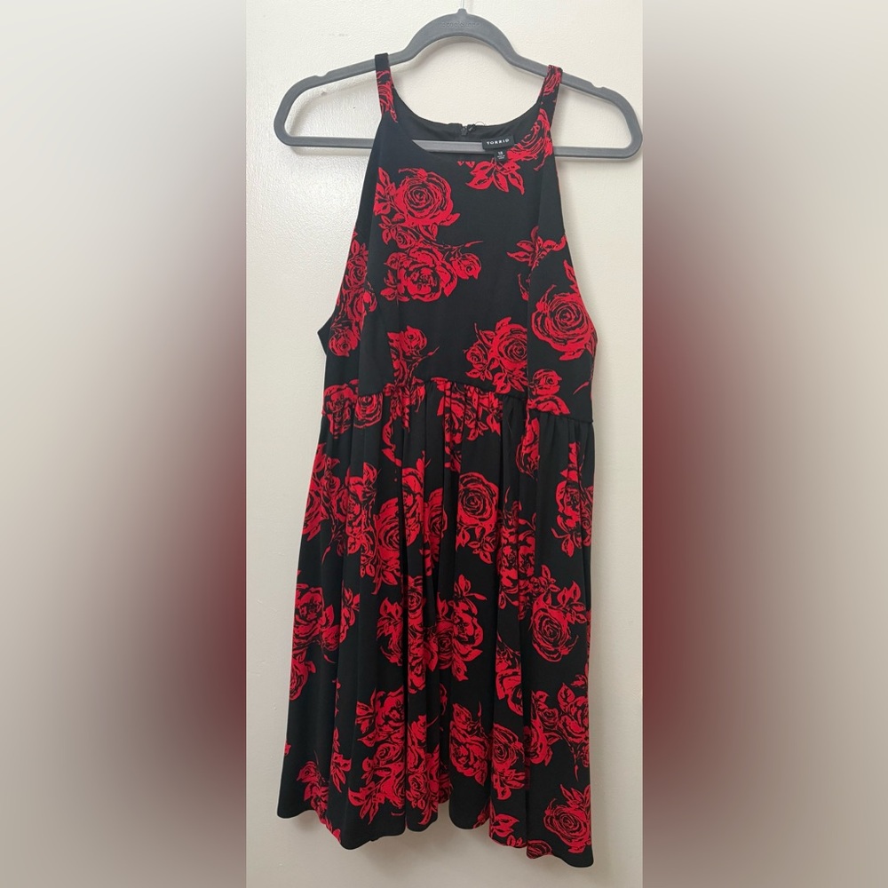 Torrid Black and Red Floral sleeveless halter Dress. Size 18